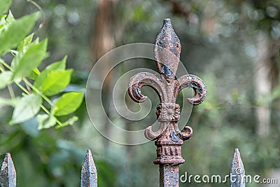 Rusty Fleur De Lis fence spike ornament Stock Photo