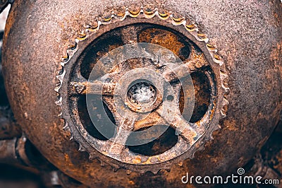 Rusty gear closeup, rusty ancient mechanism Stock Photo