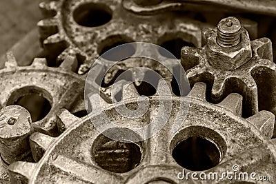 Rusty gears of old industrial mechanism, closeup Stock Photo