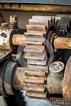 Rusty gearwheels portrait detail, closeup Stock Photo