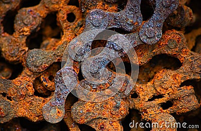 Rusty industrial roller chain is macro, soft focus Stock Photo