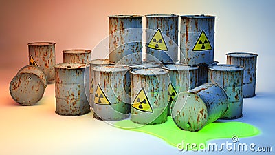 Rusty iron barrels with a biohazard sign. 3D visualization Stock Photo