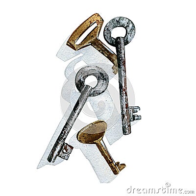 Rusty metal brass and iron key isolated on white background. Watercolor hand draw realistic illustration. Art for design Cartoon Illustration