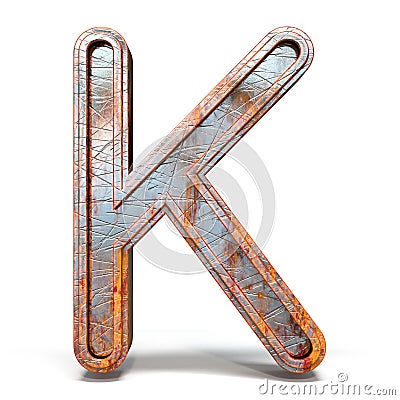 Rusty metal font Letter K 3D Cartoon Illustration