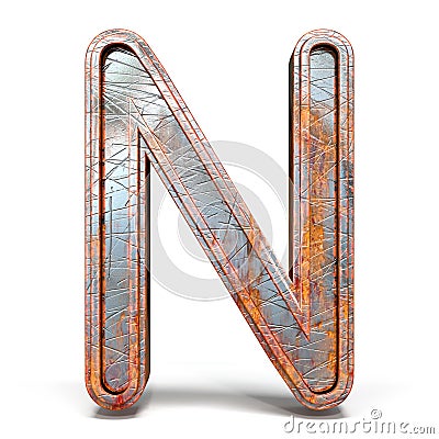 Rusty metal font Letter N 3D Cartoon Illustration