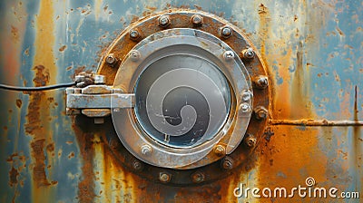 Rusty metal surface with a circular porthole window, exhibiting corrosion and age Cartoon Illustration