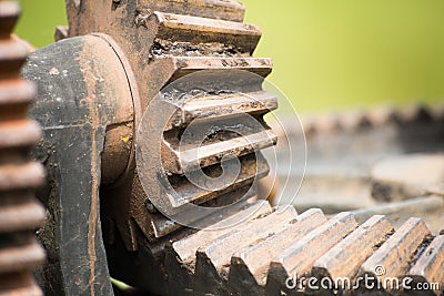 Rusty and oily water gate gear. Stock Photo