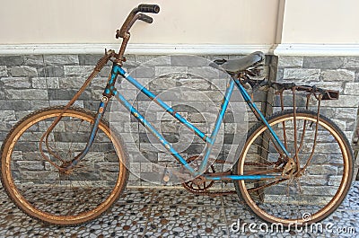 Rusty old bike details. Old bike, drive chain, wheels, rust. Blue bike, old bike Stock Photo