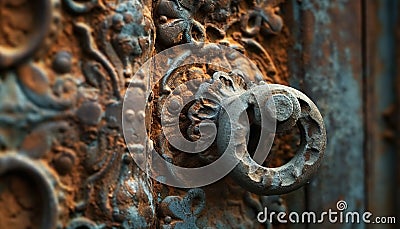 Rusty old metal doorknob with ornate decoration generated by AI Stock Photo