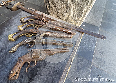 Old vintage gun and pistols for sale at Njegos Mausoleum,Mount Lovcen,Montenegro Stock Photo