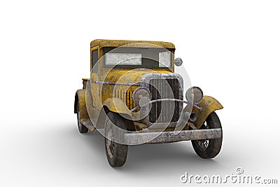 Rusty old yellow vintage farm pickup truck with peeling paintwork. 3D rendering isolated on white background Cartoon Illustration