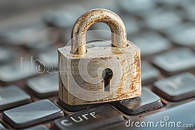 Rusty padlock on computer keyboard, concept of online security and data protection, cybersecurity vulnerability, old lock on Stock Photo