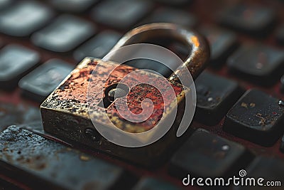 Rusty padlock on computer keyboard, concept of online security and data protection, cybersecurity vulnerability, old lock on Stock Photo