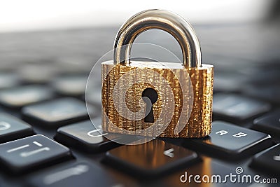 Rusty padlock on computer keyboard, concept of online security and data protection, cybersecurity vulnerability, old lock on Stock Photo