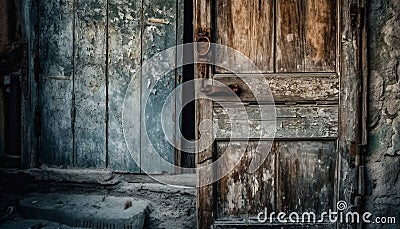 Rusty padlock secures weathered wooden door on abandoned rustic barn generated by AI Stock Photo