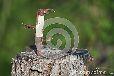 Rusty pocketknife on top of a stump Stock Photo