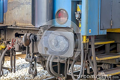 Rusty railway wagon metal bumpers close-up Stock Photo