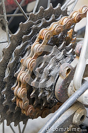 Rusty rear derailleur of a bike Stock Photo