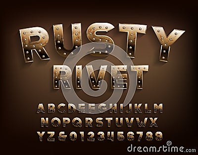 Rusty Rivet alphabet font. Damaged metallic letters and numbers with rivets. Vector Illustration