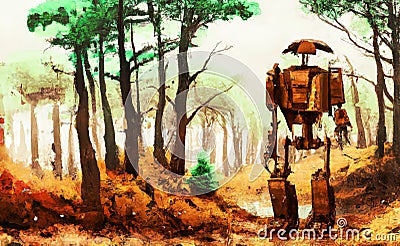 Rusty robot wandering around forest in a wasteland Stock Photo