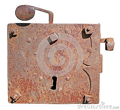 Rusty rural handmade door lock on shed door isolated Stock Photo