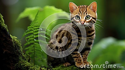 Rusty-spotted cat stalking her prey in Ceylon nature with one front paw raised. Small cat from wild Sri lanka keeps Stock Photo