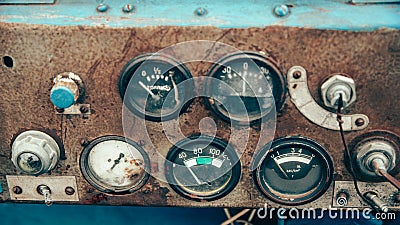 The rusty steel dashboard of a very old tractor Stock Photo