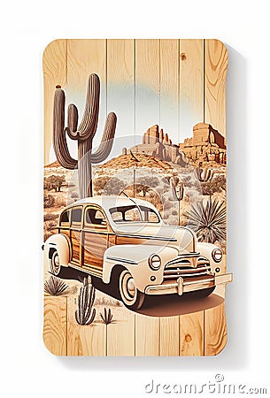 Rusty vintage car with a wooden board and cactus plant background, AI-generated image Stock Photo