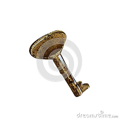 Rusty vintage metal brass key isolated on white background. Watercolor hand draw realistic illustration. Art for design Cartoon Illustration