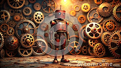 A rusty, vintage robot stands amidst a complex array of aged, interlocked gears and cogs. Generative AI Stock Photo