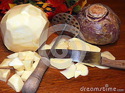 Rutabagas uses old fashioned tools for cooking Stock Photo