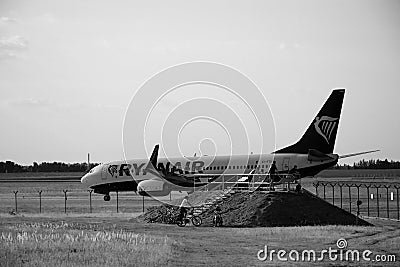 Ruzyne, Czech republic - August 16, 2018: prospect place with people and Ryanair aeroplane in Vaclav Havel airport in Prague durin Editorial Stock Photo