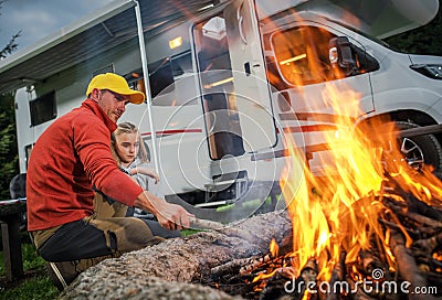 RV Camper Camping and Family Time Stock Photo