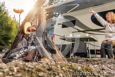 RV Camper Camping Pitch Campfire Stock Photo