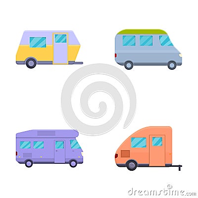 Rv camper icons set cartoon vector. Van and pickup truck with trailer Vector Illustration