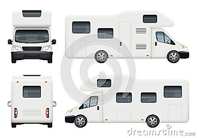 Rv camper. Realistic family camping trailer for travelling and have a rest car back top and front sides view vector set Vector Illustration
