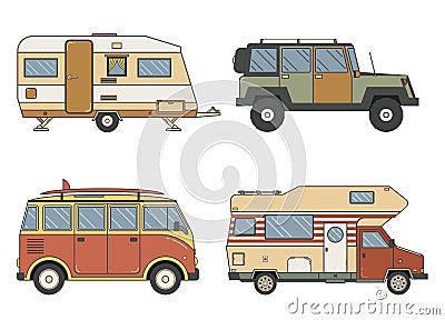 RV Campers and Trailer in Thin Line Art Vector Illustration