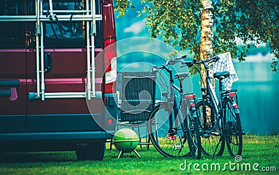 RV Camping and Biking Stock Photo