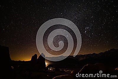 RV camping milky way night sky Alabama Hills USA Stock Photo