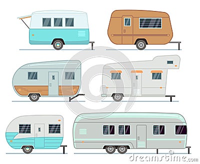 Rv camping trailers, travel mobile home, caravan vector set isolated Vector Illustration