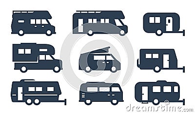 RV cars, recreational vehicles, camper vans icon set Vector Illustration