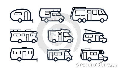 RV Cars, Recreational Vehicles, Camper Vans in Outline Style Vector Illustration