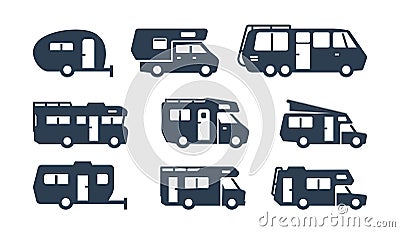 RV Cars, Recreational Vehicles, Camper Vans Silhouettes Vector Illustration