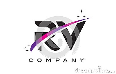 RV R V Black Letter Logo Design with Purple Magenta Swoosh Vector Illustration