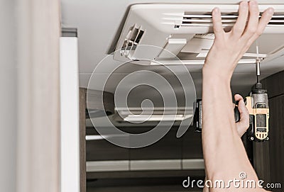 RV Air Conditioner Installation Stock Photo