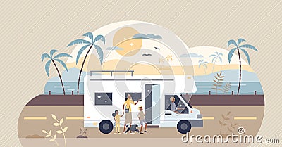 RV road trip scene with travel camper vehicle on road tiny person concept Vector Illustration