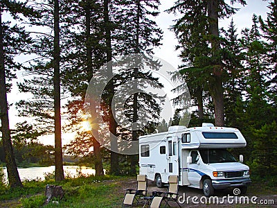 RV in secluded campsite Stock Photo