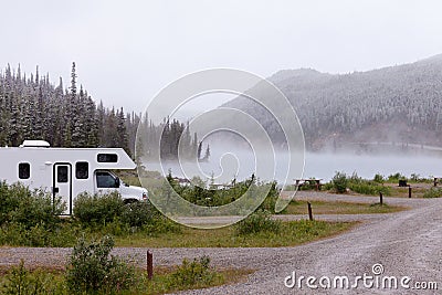 RV Summit Lake Stone Mountain Provincial Park BC Stock Photo
