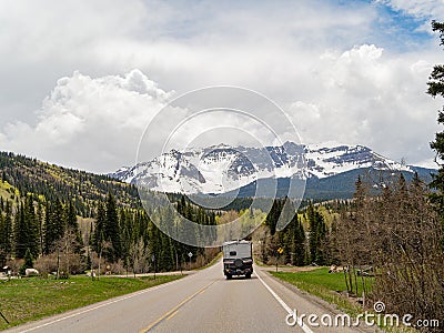 RV vehicle driving in Mt Sneffels area Editorial Stock Photo