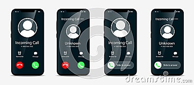 Realistic incoming call screen set with smartphone â€“ Template mobile display calling Cartoon Illustration